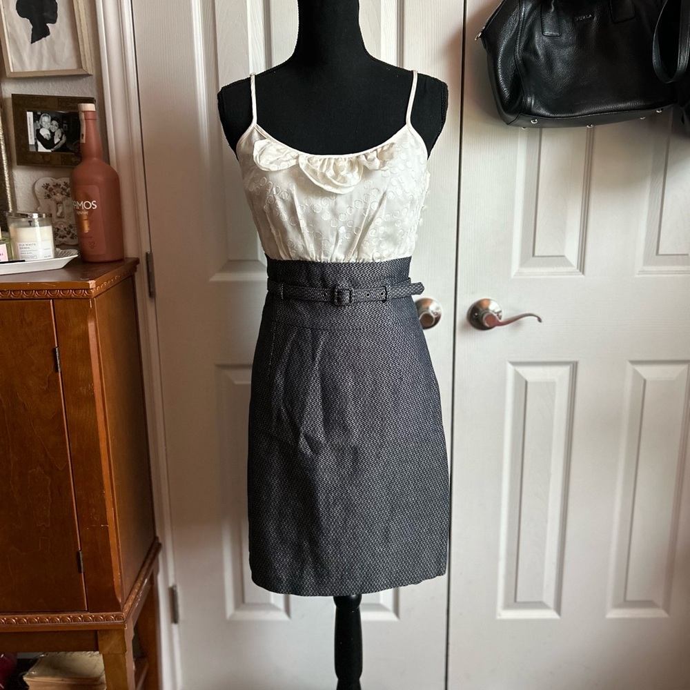Trina Turk blue & white structured belted quiet minimalist neutral dress